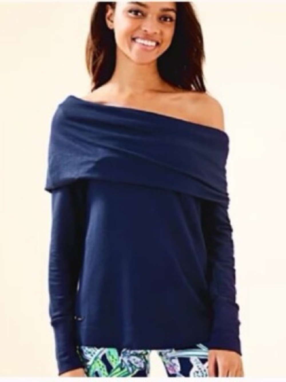 Lilly Pulitzer Navy Off-the-Shoulder Foldover Sweater